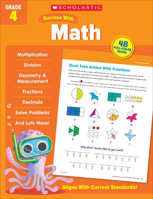 Paperback Scholastic Success with Math Grade 4 workbook from Scholastic Teaching Resources, featuring colorful math exercises.