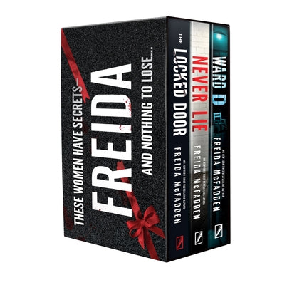 Freida McFadden 3-book boxed set including Never Lie, Ward D, and Locked Door paperbacks by Poisoned Pen Press.