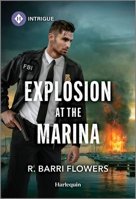 Mass market paperbound book titled "Explosion at the Marina" by Harlequin Intrigue featuring a cover with a waterfront scene and a dramatic explosion.
