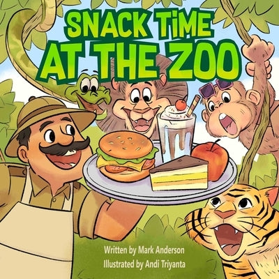Paperback of "Snack Time at the Zoo" by Elite Lizzard Publishing showing colorful illustrated zoo animals and children enjoying snacks.