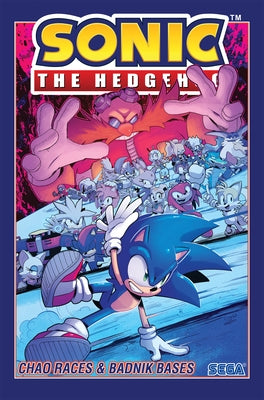 Paperback comic book titled Sonic the Hedgehog Vol. 9: Chao Races & Badnik Bases published by IDW Publishing.