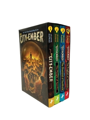 Boxed set of "The City of Ember" series by Yearling Books, including four hardcover fantasy novels with colorful cover art.