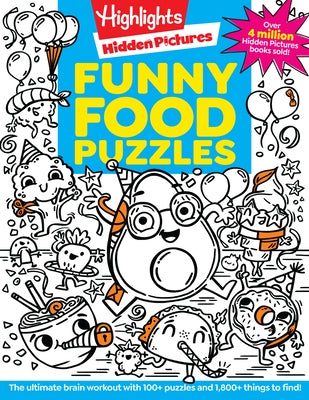 Colorful Funny Food Puzzles paperback book by Highlights Press featuring playful food-themed puzzle illustrations.