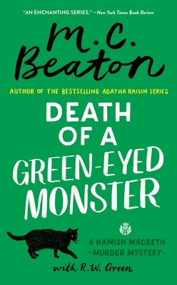 Cover of "Death of a Green-Eyed Monster" mass market paperbound book by Grand Central Publishing showing a mysterious green-eyed creature.