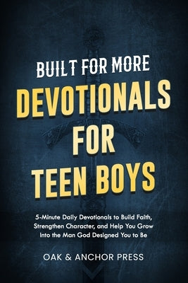 Paperback devotional book titled "Built for More" for teen boys, featuring 5-minute daily devotions to build faith and character.