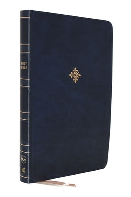 Blue leather-soft Thomas Nelson NKVJ Thinline Bible with large print and comfort print, shown with open pages and detailed cover.
