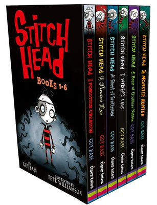 Stack of six paperback Stitch Head books from the Tiger Tales boxed set featuring colorful illustrated covers.