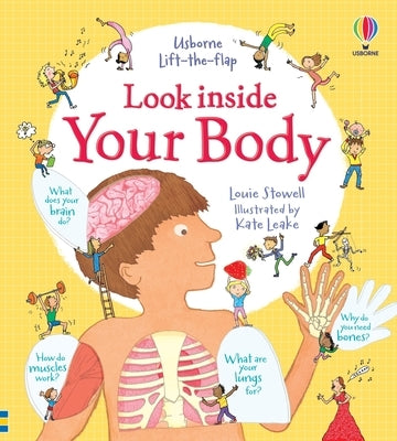 Open page of the "Look Inside Your Body" Usborne Books board book showing colorful illustrations of the human body and internal organs.