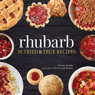 Paperback cookbook titled "Rhubarb: 50 Tried & True Recipes" by Adventure Publications, featuring a colorful cover image.