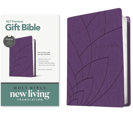 Purple leatherlike gift Bible with red letter text, NLT translation, filament-enabled, featuring petal design cover from Tyndale House Publishers.