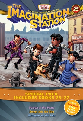 Three paperback Imagination Station books by Focus on the Family Publishing, featuring colorful covers with adventure scenes.