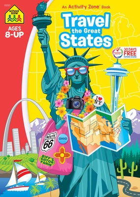 School Zone Travel the Great States workbook, paperback edition showing colorful cover with maps and state illustrations.