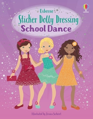 Paperback Sticker Dolly Dressing School Dance book by Usborne Books featuring colorful illustrations of children dressing for a dance event.