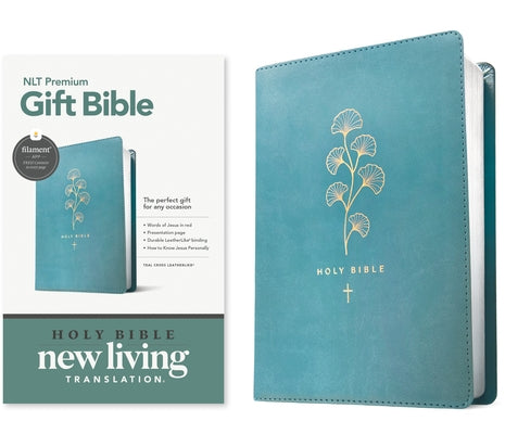 Premium Tyndale House Bible, NLT translation, leatherlike teal cover with red letter text and teal cross design.