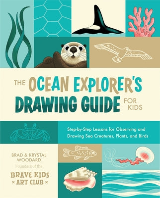 Paperback book titled "The Ocean Explorer's Drawing Guide for Kids" by Rocky Nook, with colorful illustrations of sea creatures, plants, and birds.