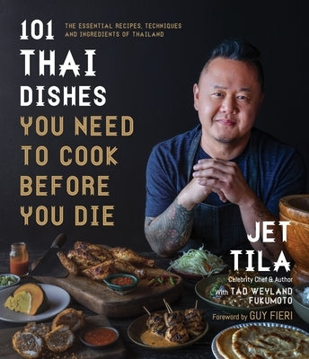 Paperback book titled "101 Thai Dishes You Need to Cook Before You Die" with colorful cover featuring Thai food images and recipes.