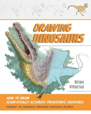 Paperback book titled "Drawing Dinosaurs" featuring scientifically accurate illustrations of T. Rex, Stegosaurus, Velociraptor, and more.