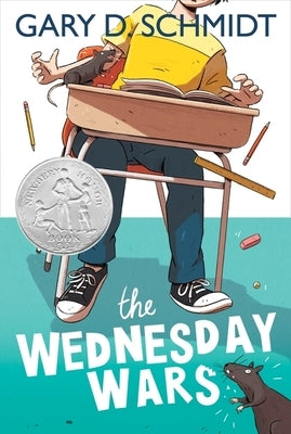 Paperback of The Wednesday Wars by Clarion Books, featuring a colorful cover with illustrated characters and title text.