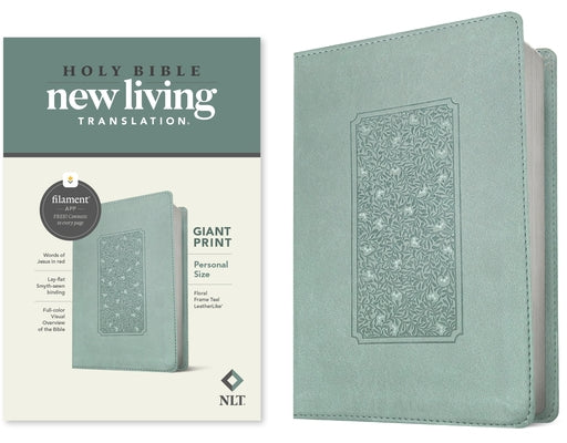 Red leatherlike NLT Personal Size Giant Print Bible with floral teal frame, filament enabled, red letter edition by Tyndale House Publishers.