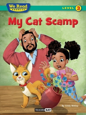 Paperback book titled "We Read Phonics: My Cat Scamp" by Treasure Bay, featuring a colorful cover illustration of a cat.
