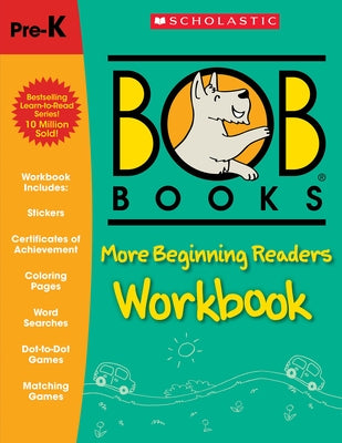 Scholastic Bob Books Stage 1 paperback workbook with colorful pages for beginning readers, phonics, writing practice, and stickers.