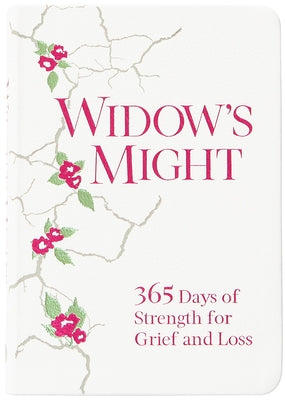 Imitation leather journal titled "Widow's Might: 365 Days of Strength for Grief and Loss" by Broadstreet Publishing with embossed cover.