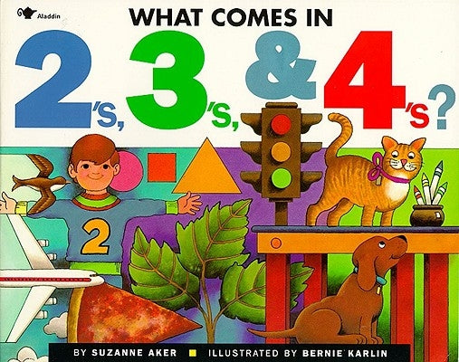 Paperback book titled "What Comes in 2's, 3's & 4's" from Aladdin Paperbacks, featuring colorful cover art with playful illustrations.