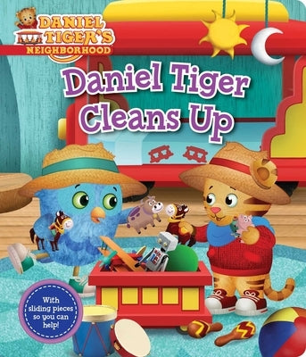 Daniel Tiger Cleans Up board book by Simon Spotlight showing colorful illustrations of Daniel Tiger cleaning up toys and playing.