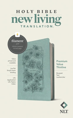 NLT Premium Value Thinline Bible in Bouquet Teal with leatherlike cover, filament enabled, by Tyndale House Publishers.