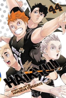 Paperback of Haikyu!!, Vol. 44 manga by Viz Media with colorful cover art featuring volleyball characters.