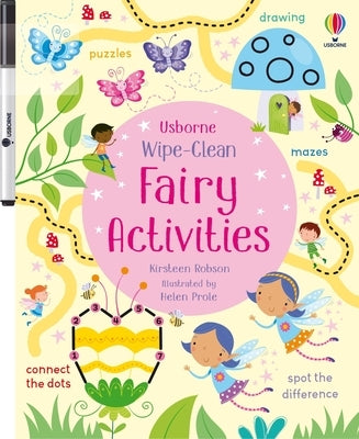 Wipe-clean fairy activities paperback book by Usborne Books with colorful fairy illustrations and interactive pages for children.