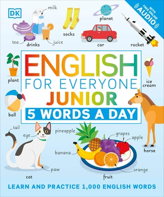 Paperback English for Everyone Junior book by DK Publishing with colorful cover and sample pages for learning 1,000 English words.