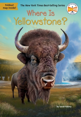 Paperback book titled "Where Is Yellowstone?" by Penguin Workshop, featuring colorful cover art with Yellowstone National Park imagery.