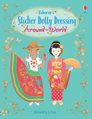 Paperback Sticker Dolly Dressing Around the World book by Usborne Books featuring colorful international dolls and travel-themed stickers.
