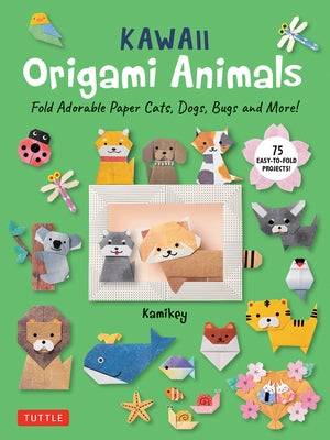 Paperback book titled "Kawaii Origami Animals" by Tuttle Publishing featuring colorful folded paper cats, dogs, bugs, and other origami animals.
