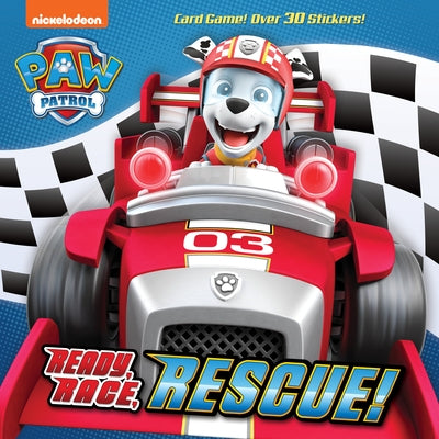 Paperback copy of "Ready, Race, Rescue!" Paw Patrol children's book by Random House Books for Young Readers, featuring colorful cover art.
