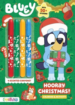 Bluey Colortivity: Hooray Christmas! paperback book by Studio Fun International featuring colorful holiday illustrations.