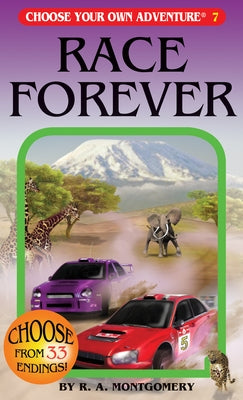 Choose Your Own Adventure Race Forever paperback book cover with vibrant racing-themed illustrations.