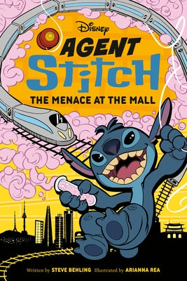 Paperback book titled "Disney Agent Stitch: The Menace at the Mall" featuring Stitch on the cover, published by Disney/Random House.