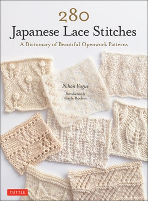 Paperback book titled "280 Japanese Lace Stitches" by Tuttle Publishing, featuring openwork lace pattern illustrations.
