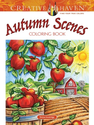 Open paperback of Dover Publications Creative Haven Autumn Scenes Coloring Book with detailed fall-themed illustrations on pages.