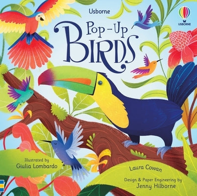 Pop-Up Birds board book by Usborne Books showing colorful bird illustrations with pop-up features on the pages.