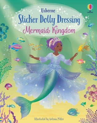 Paperback Sticker Dolly Dressing Mermaid Kingdom book by Usborne Books featuring colorful mermaid-themed stickers and illustrations.