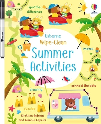 Wipe-clean summer activities paperback book by Usborne Books with colorful illustrations for kids' fun and learning.