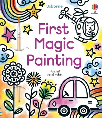 First Magic Painting paperback book by Usborne Books showing colorful illustrated pages for creative art activities.