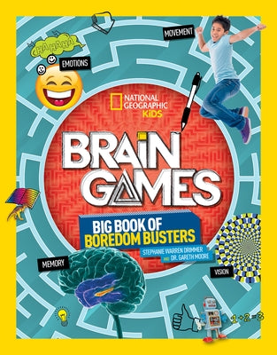 Paperback Brain Games: Big Book of Boredom Busters by National Geographic Kids featuring colorful puzzles and activities for kids.