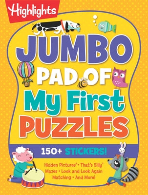 Jumbo pad of Highlights Press My First Puzzles paperback with colorful puzzle pages for young children.