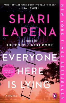 Paperback of "Everyone Here Is Lying" by Penguin Books, featuring a close-up of the book cover with abstract artwork and title text.