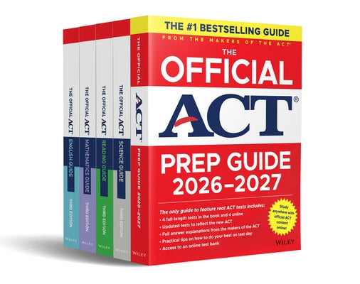 Wiley The Official ACT Prep and Subject Guides 2026-2027 complete set, paperback books with colorful covers and guide titles.