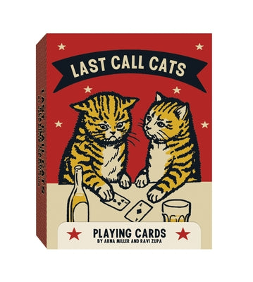 Last Call Cats Playing Cards from Chronicle Books, featuring colorful cat-themed playing cards laid out on a table.